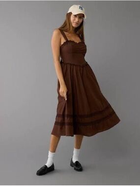 NWT American Eagle Corset V-Waist Dress Size XS Chocolate Brown 100% Cotton